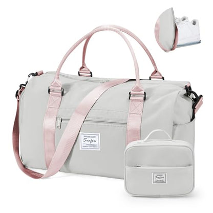 Gym Bag Womens with Shoes Compartment Travel Duffel Bag Grey Pink - color: B12-Grey&Pink+Toiletry Bag