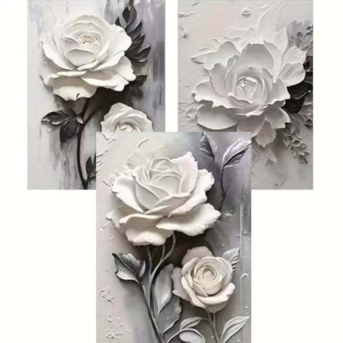 GEMOUJ 3 Packs Flower Paint by Numbers Kit for Adults - White Rose Adult Paint by Number Kits on Canvas for Beginner, DIY Painting by Numbers Kit,for Home Wall Decor 12 x 16 Inch - color: GM10-12