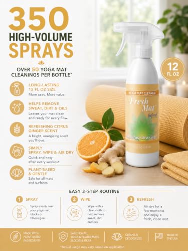 Fresh Mat Yoga Mat Cleaner Spray - Natural Deodorizing Cleaner for Yoga Mats & Fitness Equipment - No-Rinse, Residue-Free Formula with Witch Hazel & Essential Oil, Refreshing Citrus Ginger (12 fl oz). - size: 12 Fl Oz (Pack of 1)