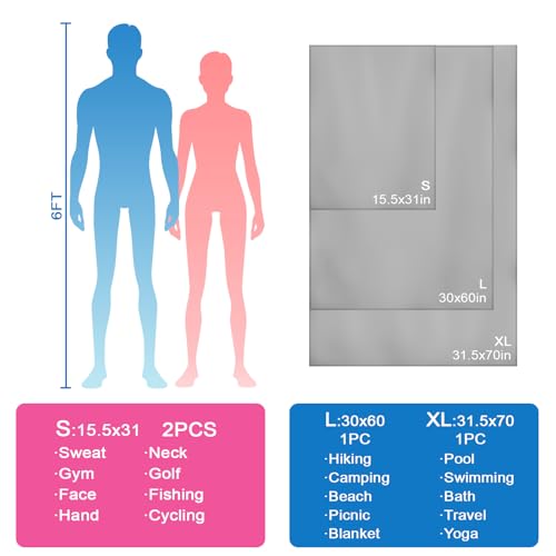 캠핑 타월 XL 사이즈 극세사 빠른 건조 남성 여성 하이킹 해변 수영장 여행 바디 요가 매트 타월 (라이트 그레이, 1팩 XL) - color: 라이트 그레이., size: 1 Pack XL