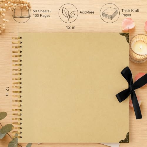 Scrapbook Photo Album 12"x12" 50-Sheet 100 Pages Kraft Paper Ribbon Closure | DIY Memory Book with Corner Protectors for Family Baby Milestones, Art & Craft Projects, Perfect for Polaroid 4x6 5x7 Photos - size: 12''x12''