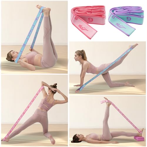 2 Pack 9-Loop Stretch Strap with Pose Guide Pattern, Elastic Yoga Band for Dance, Pilates, Gymnastics, Flexibility Exercise, Kids Workout Training, Youth Ballet Belt - color: Blue+Pink