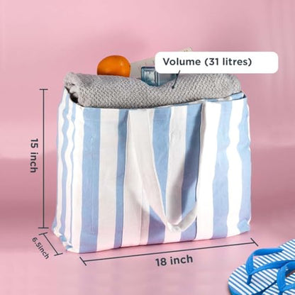 Folkulture Beach Tote Bags For Women, Beach Must Haves 2026-18x15 Inch | Waterproof,Sandproof, Large Tote Bags for Women, Swimming Pool, Beach Essentials, Simple Modern Pool Bag, Bolsos Para Mujeres - color: Ice Blue - Stripes