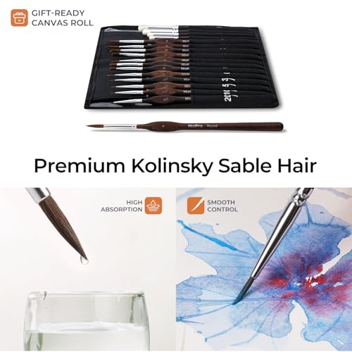 Nicpro 16 PCS Kolinsky Sable Miniature Paint Brushes Dry Brush | Professional Model Paint Brush Set with Cloth Roll, Fine Detail Brush Set for Miniatures, Acrylic & Figures, Model,Watercolor - size: 16 PCS