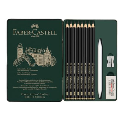 Faber-Castell Pitt Graphite Matte Pencil Set, Metal Tin of 8 Graphite Pencils and Sketching Accessories (HB, 2B, 4B, 6B, 8B, 10B, 12B, 14B), Pencil Sharpener, Eraser and Blending Stump - size: 1 Count (Pack of 11), style: 11 Count