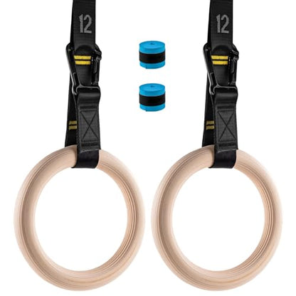 Wooden Gym Rings, 9ft Double-Layer Numbered Straps Quick Adjust | 1.25” Olympic Rings for Home Gym Small Apartment Hotel Camping Full Body Workout Calisthenics Strength Training Body