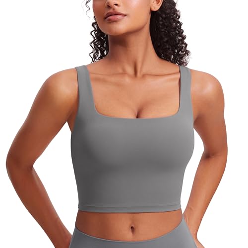 CRZ YOGA Butterluxe Square Neck Crop Tank Top | Built in Bra, Light Support, Removable Pads, Yoga, Extremely Soft, Wide Straps, Longline Sports Bras for Women - color: Ash Grey, size: X-Large