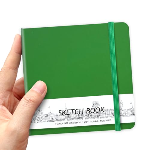 5" x 5" Hardcover Sketch Book,58 Sheets Small Mixed Media Pocket Sketch Pad | PU Cover,150 GSM Acid Free Artist Drawing Paper,Travel Journal Blank Notebook for Adults Sketching,Illustration. - color: 150gsm PU-grass green
