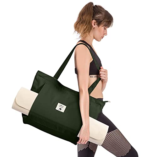WLLWOO Yoga Mat Carrier Bag for Women Canvas Carryall Tote Gym Pilates | Large Holder Zipper Shoulder for Beach Travel Workout Fitness Office - color: Military green1