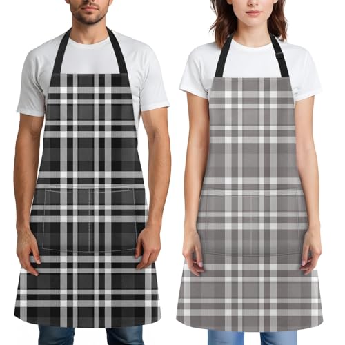 Apron with Pockets, 32x28 inch, 2 Pack, Plaid | Black Grey Grid Geometric Adjustable Bib with Pockets for Women Men Couple Lovers Chef Home Baking Gardening - color: Black Gray