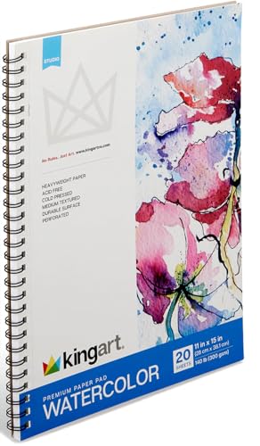 KINGART Cold-Pressed Watercolor Paper Pad Set – 11x15 Inch, 2-Pack – 20 Sheets Each, Perforated Side Spiral-Bound Heavyweight Art Pads