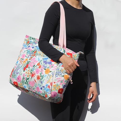 ESVAN Yoga Tote Bag for Women Drawstring Canvas Shoulder Bags for Workout Travel Carryall Pilates Gym and Beach - color: Pink Flower