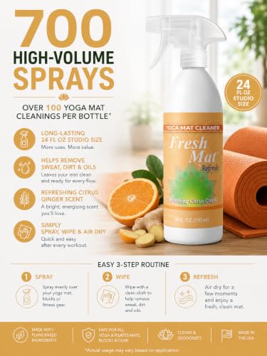 Fresh Mat Yoga Mat Cleaner Spray - Natural Deodorizing Cleaner for Yoga Mats & Fitness Equipment - No-Rinse, Residue-Free Formula with Witch Hazel & Essential Oil, Refreshing Citrus Ginger (24 fl oz). - size: 24 Fl Oz (Pack of 1)