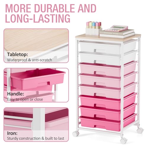 TOOLF Rolling Storage Cart with 8 Drawers,Rose Pink - color: Rose Pink