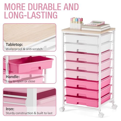 TOOLF Rolling Storage Cart with 8 Drawers,Rose Pink - color: Rose Pink