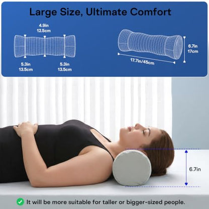 Neck Roll Pillow - Cooling Cover Round Neck Pillow for Sleeping - Memory Foam Cervical Support Pillow - Ergonomic Cylinder Pillows for Neck, Leg, Back, Yoga, Relaxing (Blue Grey)
