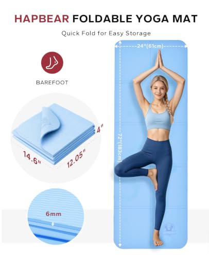 HAPBEAR Foldable Yoga Mat - 72"x24"x0.24" (6mm), Non-Slip TPE Exercise Mat | Ideal for Home Workout, Yoga, Pilates, Stretching & Travel, Durable & Eco-Friendly, Includes Carry Bag - color: Blue