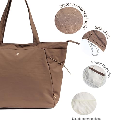 ESVAN Yoga Tote Bag for Women Shoulder Bags Drawstring for Office Workout Travel Carryall Pilates Gym and Beach - color: Coffee