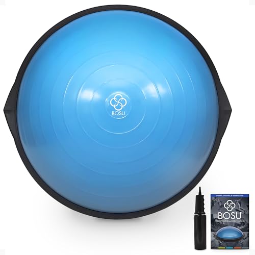 Bosu Balance Ball Exercise Trainer, Home Gym Equipment w/Guided Workouts & Pump, 26" Inflatable Fitness Platform for Strength Training, Standing, Balancing, and Core Workout - color: Light Blue/Black
