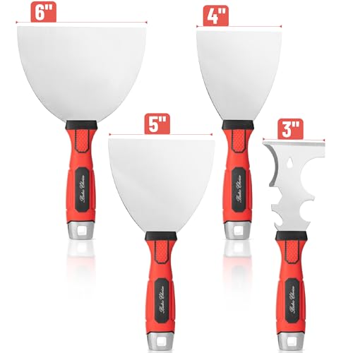 Bates- Putty Knife Set, 4 Pack, Stainless Steel, 4" 5" 6" & 10 in 1 Multi Purpose Painters Tool, Soft Grip Handle, Hammer End, Spackle Knife, Metal Paint Scraper Tool, Wall Scraper