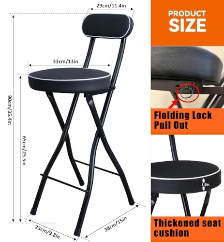 UWEAR 1 PCS Folding Bar Stool with Back, Tall Foldable Stool Seat Padded Portable Stools Counter Height Foldable Stools Chairs Collapsible Stool for Adults Kitchen Island (Black) - color: Black