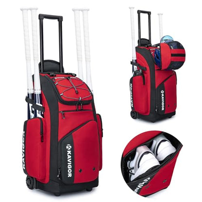 KAVIGOR Rolling Baseball Bag with Wheels, 60L Capacity Softball Bag Holds 4 Bats for Boys and Girls, Youth Equipment Bag with Shoe Compartment - color: Red