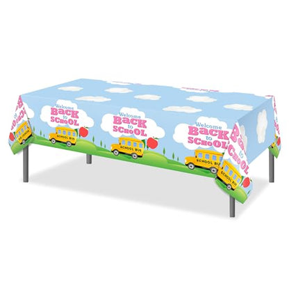 1Pc Back to School Party Plastic Tablecloth 54 x 87 Inch Long Table Cover, Opening Season Party Tablecover for Welcome Back to School Kids Baby Shower Birthday Dinner Picnic Kitchen Event - color: Back to School