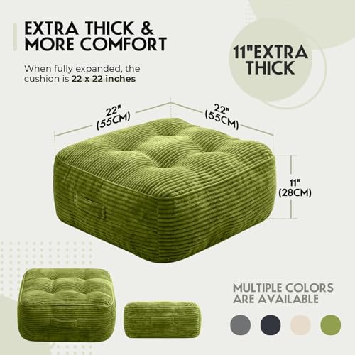 11" Thick Washable Floor Pillow for Adults, Yoga & Meditation Cushion with Handle, Square Large Pillows Seating with Removable Tufted Corduroy Cover for Tatami Living Room Board Games, Green - color: Green