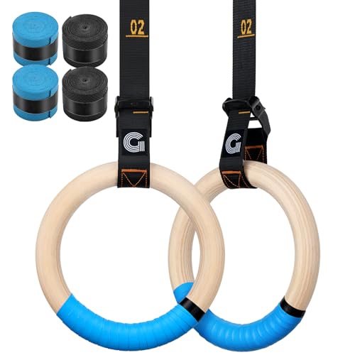 Gonex Wooden Gymnastic Rings with Adjustable Straps, 8.7 ft | Birch Wood Rings, Quick-adjust Carabiners Buckle Numbered Straps, Home Gym & Outdoor Training, Full-body Strength Workouts - style: 32mm Birch Wooden Ring & Buckle Numbered Straps