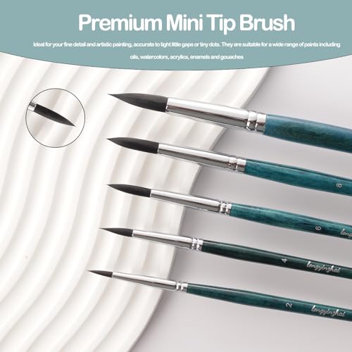 Longyinzhai Synthetic Squirrel Hair 5 Round Tip Professional Brush Set, Watercolor Acrylic Gouache Painting Supplies