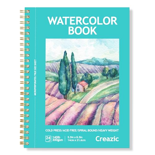 Watercolor Paper Pad, 5.5"x8.5” (24 Sheets, 140lb/300g), Spiral - Bound with Tear - Line. A Watercolor Journal and Sketchbook for Adults & Kids - Ideal for Smaller - Sized Exercises or Travel - color: Teal, size: 5.5" x 8.5" Spiral Bound