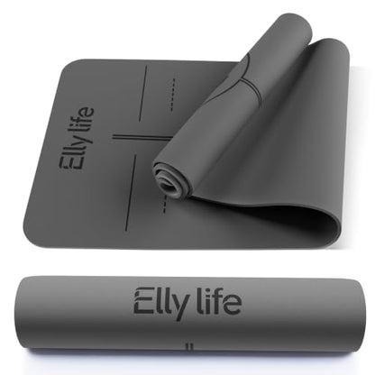 Yoga Mat - Non Slip Natural Rubber Yoga Mat, Alignment Lines, Ultimate Grip | Anti-Tear, Durable & Thick 5mm, Skin-Friendly with Free Carry Strap, Bag, for Yoga, Pilates Fitness and Floor Exercises - color: Gray