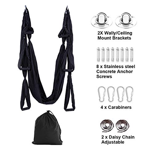 Aerial Trapeze Yoga Hammock Kit - Ultra Strong Antigravity Yoga Flying Sling Inversion Swing Tool Set - color: Black