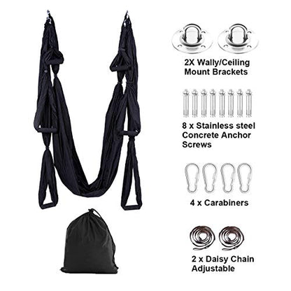 Aerial Trapeze Yoga Hammock Kit - Ultra Strong Antigravity Yoga Flying Sling Inversion Swing Tool Set - color: Black