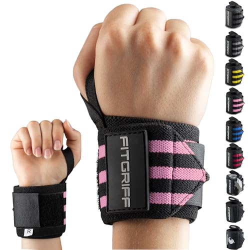 Fitgriff® Wrist Wraps for Weightlifting (18") Heavy-Duty Support for Gym, Bench Press, and Pushups (1 Pair) - for Men and Women (Black/Pink) - color: Black/Pink