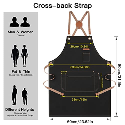 Genixart Chef Apron Men Women, Kitchen Aprons Cooking, BBQ - Black, 6 Pack | Box Packed, Cotton Canvas, Cafe, Bar, Workshop, Restaurant, Water & Oil Stain Resistant, Cross Back Adjustable, Large Pockets - color: Black, 6 Pack