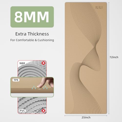 ILILI Exercise Mat 72''x25''×0.3''(8MM) | Compact Eco Friendly TPE Yoga Mat for Pilates & Fitness, Tear Resistant with Carry Strap for Home Gym Studio Stretching - color: Beige
