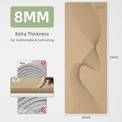 ILILI Exercise Mat 72''x25''×0.3''(8MM) | Compact Eco Friendly TPE Yoga Mat for Pilates & Fitness, Tear Resistant with Carry Strap for Home Gym Studio Stretching - color: Beige