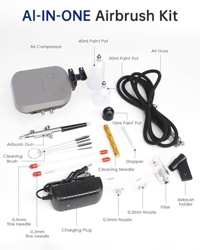 Airbrush Kit with Air Compressor,Dual-Action & Dual-Airflow 50 PSI High Pressure Air Brush with 0.2/0.3/0.5mm Nozzles & Cleaning Sets, for Painting, Nails, Modeling, Makeup, Cake Decor,
