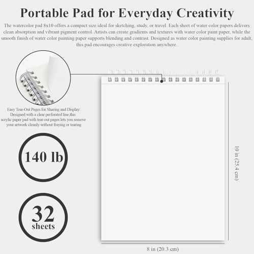 Fuxi 8x10 Watercolor Paper, 140lb Cold Press Watercolor Spiral Notebook, 32 Sheets (64 Pages) Water Color Sketchbook, Art Supplies Adults Professional. - color: Dark Blue, size: 10" x 8" (Pack of 1)