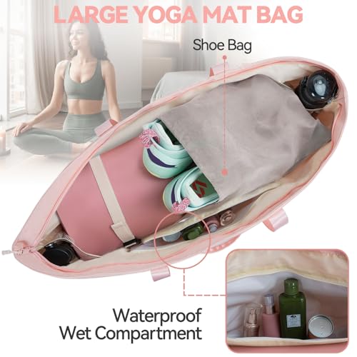 Large Yoga Mat Tote Bag for Women with Holder Strap,Pilates Gym Tote Bag with Shoes Bag & Wet Pocket