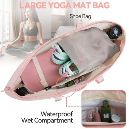 Large Yoga Mat Tote Bag for Women with Holder Strap,Pilates Gym Tote Bag with Shoes Bag & Wet Pocket
