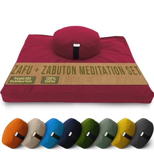 Bean Products Meditation Cushion Mat Set - Zafu Floor Pillow Organic Buckwheat Pillow + Cotton Filled Zabuton Prayer Pad - Meditation Pillow Yoga Knee Pad - Made in USA - 14" Round or 18" Oval - color: Burgundy - 10oz Cotton Canvas, size: Round Combo