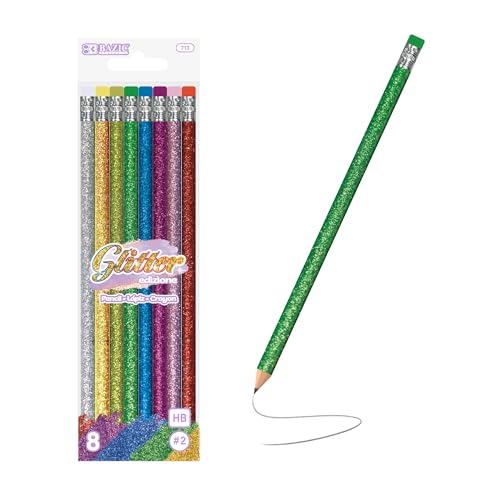 BAZIC PRODUCTS Metallic Glitter #2 Pencils, Eraser, 8 Count | #2 HB lead, Glitter metallic barrels, eraser tops, school, gifts, party favors, fun everyday writing - size: 6 Count (Pack of 1)