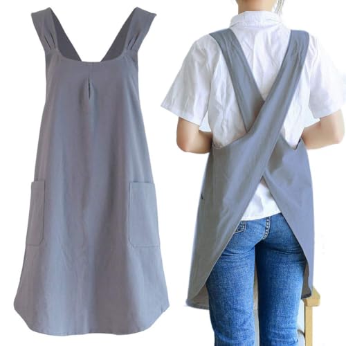 Japanese Style Linen Cotton Cross Back Pinafore Apron with Pockets for Women Ladies Men Chef Kitchen Cooking Baking - color: Women's Size Grey