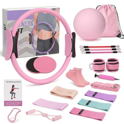 Pilates Kit for Women 18PCS, Home Pilates Workout Kit for Beginners | with 9-inch Pilates rings and balls, Elastic bands, Foot covers, Stretch bands Essential Accessories for Home Workouts