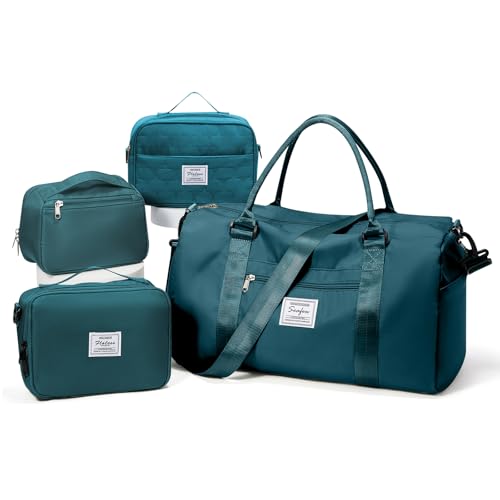 Gym Bag Womens Mens with Shoes Compartment Travel Duffel Bag for Women for Plane Sport Gym Tote Bags Swimming Yoga Weekend Overnight Carry on Bag Hospital Holdalls 4Pcs Set Peacock Blue - color: P3-Peacock Blue