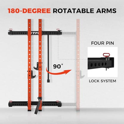 RitFit 2.36'' x 2.36'' Folding Squat Rack for Home Gym, Wall Mounted Squat Rack with Attachments - Space Saving Squat Power Rack - color: Orange, style: Folding Squat Rack with Safebar