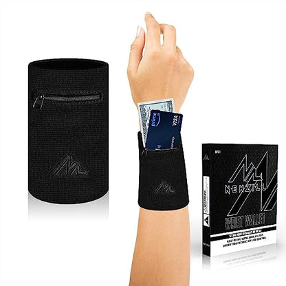 NEWZILL Wrist Wallet Wristband with Zipper - Cotton Sweatbands for Men & Women, Ideal for Running, Walking, Basketball, Football, Tennis, Hiking - color: Black, style: Large-1PCS