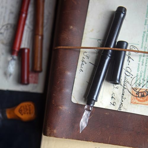 SeventyTwo Handmade Glass Dip Pen with Wood Handle, Fine Point Writing Instrument with Display Case (Black) - color: Black